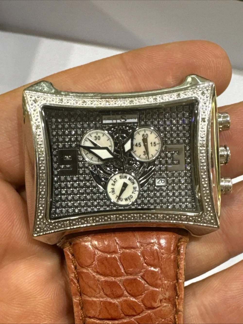 Techno Swiss Diamond Watch Men’s Square Stainless Steel Brown Band Parts Repair